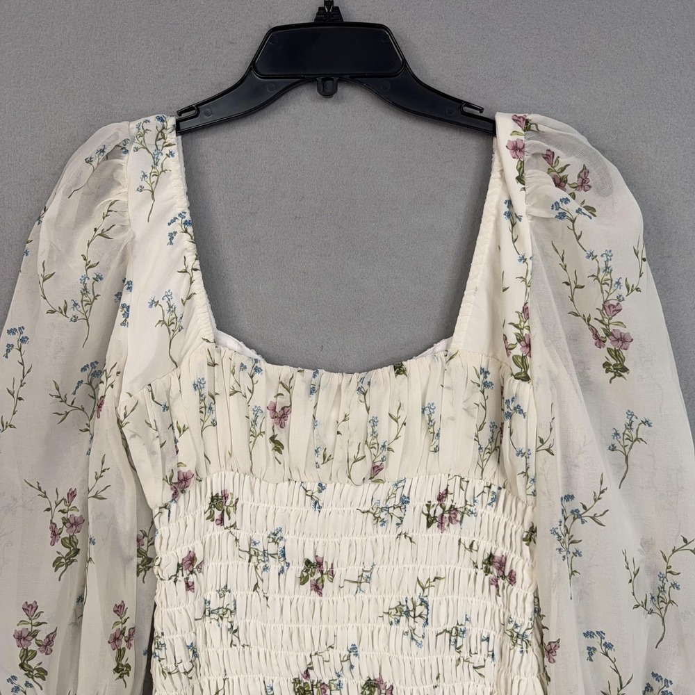 For Love & Lemons Dress Womens Medium White Floral Smocked Mini Puff Sleeve NWT - Picture 10 of 14